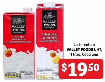 Soriana Híper Leche entera VALLEY FOODS UHT, 1 litro, Cada una oferta