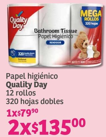 Soriana Híper Papel higiénico Quality Day 12 rollos 320 hojas dobles oferta