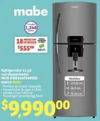 Refrigerador 14 p3 con despachador MOD.RME360FDMREO marca Mabe