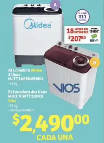 Soriana Mercado Midea A) Lavadora Midea 2 tinos MLTT11M2NUBW01 B) Lavadora dos tinas MOD: VIWTT110MX Vios oferta