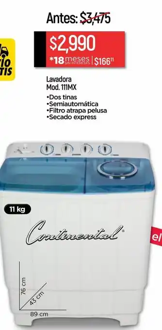 Chedraui Lavadora 2 tinas continental 11kg blanco 111mx oferta