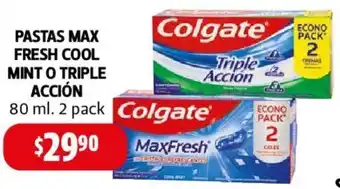 Farmacias Guadalajara PASTAS MAX FRESH COOL MINT O TRIPLE ACCIÓN 80 ml. 2 pack oferta