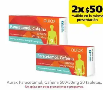 Paracetamol 500 mg cafeína 50 mg aurax 20 tabletas