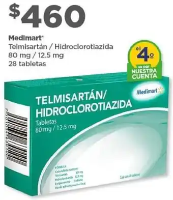 Bodega Aurrerá Medimart Telmisartan/Hidroclorotiazida 80 mg/12,5 mg 28 tabletas oferta