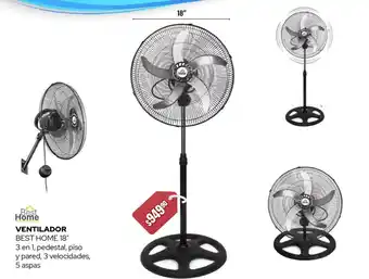 Woolworth VENTILADOR BEST HOME 18" 3 en 1, pedestal, piso y pared, 3 velocidades, 5 aspas oferta