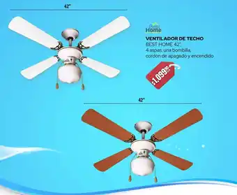 VENTILADOR DE TECHO BEST HOME 42" 4 aspas, una bombilla, cordón de apagado y encendido