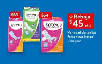 Walmart Variedad de toallas femeninas Kotex® • 40 pzas oferta