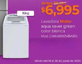 Lavadora Mabe aqua saver green color blanca Mod. LMA46102VBABO