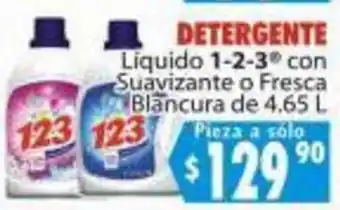 DETERGENTE Liquido 1-2-3® con Suavizante o Fresca Blancura de 4.65 L Pieza a sólo
