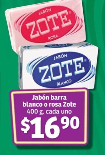 Soriana Súper Jabón barra blanco o rosa Zote 400 g. cada uno oferta