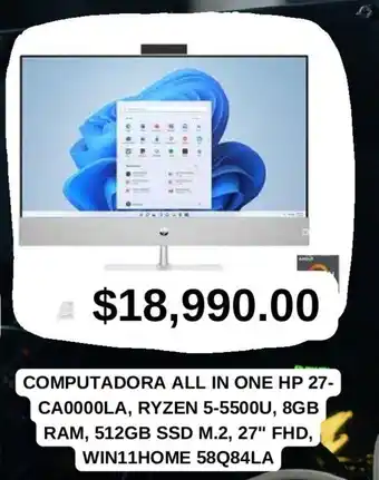 Ofix COMPUTADORA ALL IN ONE HP 27-CA0000LA, RYZEN 5-5500U, 8GB RAM, 512GB SSD M.2, 27" FHD, WIN11HOME 58Q84LA oferta