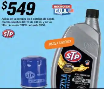AutoZone Aplica en la compra de 4 botellas de aceite mezcla sintética STPⒸ de 946 ml y en un filtro de aceite STP® oferta