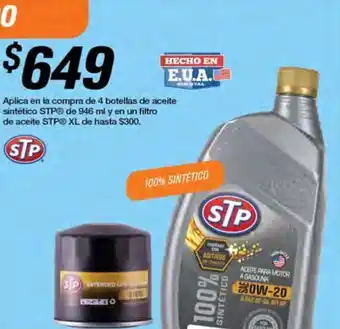 Aplica en la compra de 4 botellas de aceite sintético STP® de 946 ml y en un filtro de aceite STP® XL