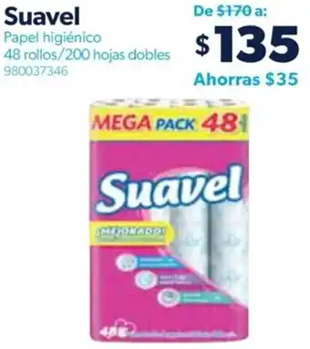 Sam's Club Suavel Papel higiénico 48 rollos/200 hojas dobles oferta