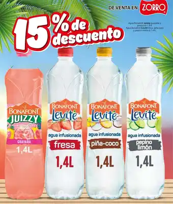 Zorro Agua Bonafont Juizzy guayaba y jamaica 6-1.4 lt. Agua Bonafont Levité fresa, piña coco oferta