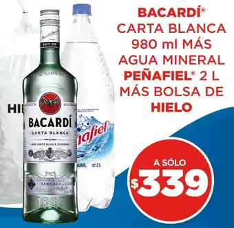 BACARDÍⓇ CARTA BLANCA 980 ml MÁS AGUA MINERAL PEÑAFIEL® 2L MÁS BOLSA DE HIELO