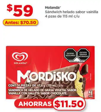 Bodega Aurrerá Holanda Sándwich helado sabor vainilla 4 pzas de 115 ml c/u oferta