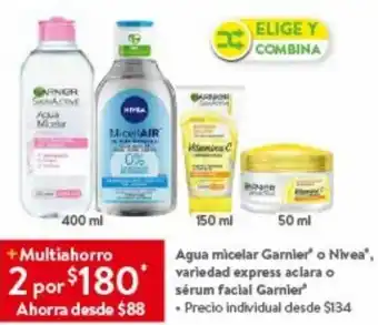 Agua micelar Garnier' o Nivea*, variedad express aclara o sérum facial Garnier