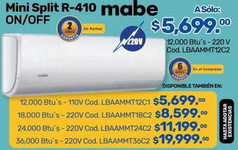 Niplito Mini Split R-410 mabe ON/OFF oferta
