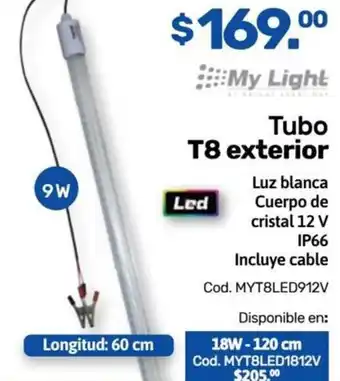 Tubo T8 exterior Luz blanca Cuerpo de cristal 12 V