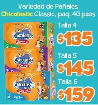 Variedad de Pañales Chicolastic Classic, paq. 40 pzas Talla 4