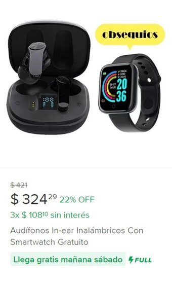Mercado Libre Audífonos In-ear Inalámbricos Con Smartwatch Gratuito oferta