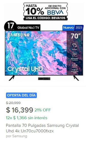 Mercado Libre Pantalla 70 Pulgadas Samsung Crystal Uhd 4k Un70cu7000fxzx oferta