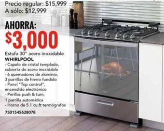 City Club Estufa 30" acero inoxidable WHIRLPOOL oferta