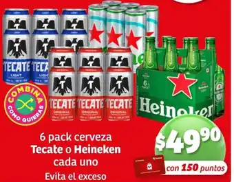 Soriana Híper 6 pack cerveza Tecate o Heineken cada uno Evita el exceso oferta