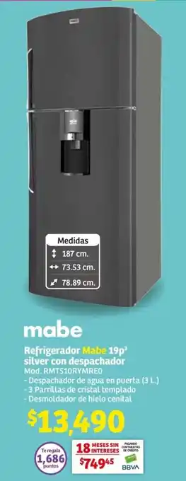 Soriana Híper mabe Refrigerador Mabe 19p³ silver con despachador oferta
