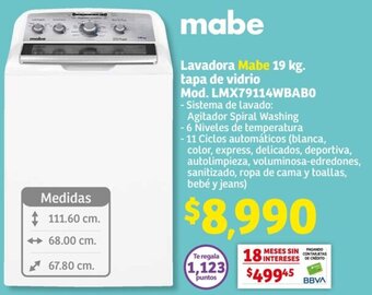 Soriana Híper Lavadora Mabe 19 kg. tapa de vidrio Mod. LMX79114WBABO oferta