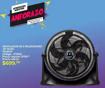 Almacenes Anfora VENTILADOR DE 3 VELOCIDADES 20" RUSH TAURUS oferta