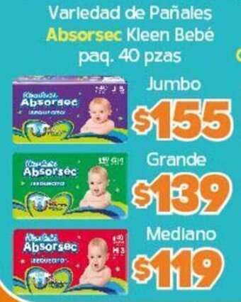 Arteli Variedad de Pañales Absorsec Kleen Bebé paq. 40 pzas Jumbo oferta