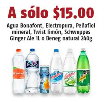 Agua Bonafont, Electropura, Peñafiel mineral, Twist limón, Schweppes Ginger Ale 1L o Beneg natural 240g