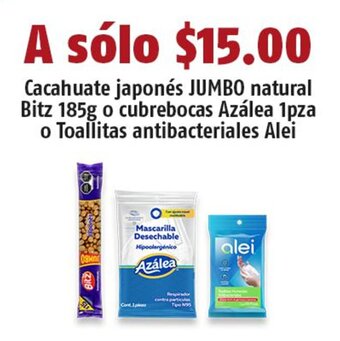 Cacahuate japonés JUMBO natural Bitz 185g o cubrebocas Azálea 1pza o Toallitas antibacteriales Alei