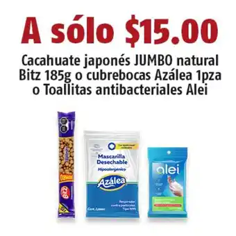 OXXO Cacahuate japonés JUMBO natural Bitz 185g o cubrebocas Azálea 1pza o Toallitas antibacteriales Alei oferta