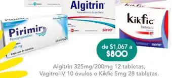 Algitrin 325mg/200mg 12 tabletas, Vagitrol-V 10 óvulos o Kikfic 5mg 28 tabletas.
