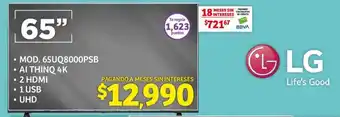 Soriana Híper MOD. 65UQ8000PSB AI THINQ 4K • 2 HDMI • 1 USB . UHD LG oferta