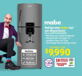 Soriana Híper Refrigerador Mabe 14p³ con despachador Mod. RME360FDMRE0 oferta
