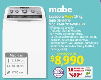 Soriana Híper Lavadora Mabe 19 kg. tapa de vidrio Mod. LMX79114WBABO oferta
