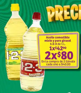 Soriana Mercado Aceite comestible mixto y puro girasol 1-2-3 de 1 L. X 2 oferta