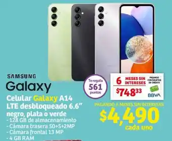Soriana Mercado Celular SAMSUNG Galaxy A14 LTE desbloqueado 6.6" negro, plata o verde oferta