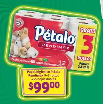 Papel higiénico Petalo Rendimax 9+3 rollos 455 hojas dobles