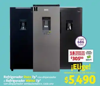 Soriana Express Refrigerador Dace 7p³ con dispensador ó Refrigerador Midea 7p³ con despachador semiautomático, cada uno oferta