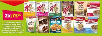 Soriana Súper Variedad de Cereales all Bran de 360g g.a 465g., Extra de 310g., a 370g.,Müsli de 410g.,a 425g.,Nutri Cardio 310g., a 315g. a oferta