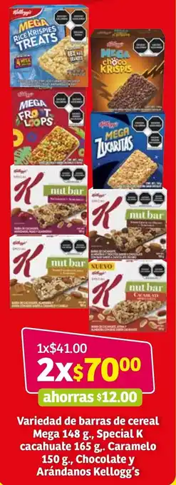 Soriana Súper Variedad de Barras de Cereal Mega 148g., Special K Cacahuate 165g., Caramelo 150g., Chocolate y Arándanos Kellogg's oferta