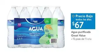 Walmart Agua purificada Great Value • 15 pzas de 1L c/u oferta