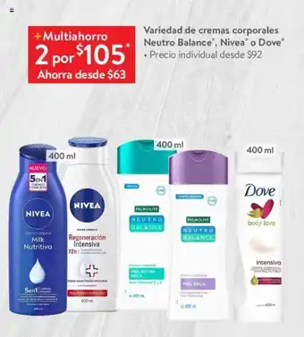 Walmart Variedad de cremas corporales Neutro Balance®, Nivea o Dove 400 ml x 2 oferta