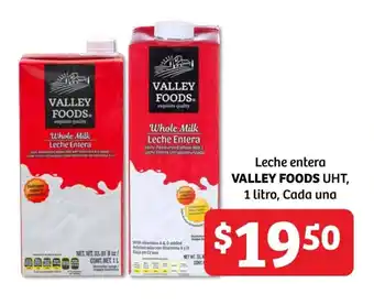 Leche entera VALLEY FOODS UHT, 1 litro, Cada una