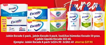 Jabón Escudo 5 Pack, Jabón Escudo 8 Pack, Toallitas Húmedas Escudo 50 pzas o Jabón Líquido 255ml